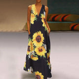 Station New Popular Style Lady's Bohemian Printed Sunflower Dress V-Collar Sleeveless Pocket Summer Dress-Outfit