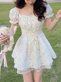 Floral Dress Women Elegant Print Party Mini Dress Female Holiday Lace Designer Chic Puff Sleeve Fashion Dress Summer