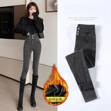 Astetic Skinny Stretch Warm Fleece Jeans High Waist Woman Pencil Pants Streetwear Denim Trousers Vetement Femme Winter