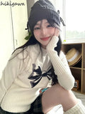 Bow Sweater Women Fall Winter Clothing Slim Waist Half High Collar Long Sleeve Jumper Pull Femme Knitted Korean Pullovers-Outfit