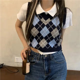 Vests Women Argyle Crops Knitted Feminine Simple V-neck Streetwear Spring Student Preppy Style Chic Leisure Retro