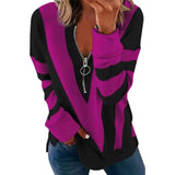 Autumn Print Striped Sweatshirt V Neck Long Sleeve Half Open Zipper Sweatshirts Elegant Ladies Tops Outfits Outwear-Outfit