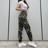 Print Camouflage Cargo Long Pants Women Lace Up Elastic Waist Pockets Loose Spliced 2023 Autumn Straight Trousers-Outfit