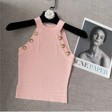Quality 2022 Summer New Hollow Out Womens Tank Tops Thin Knitted Sleeveless Sexy Tops Golden Buttons Camisole Women