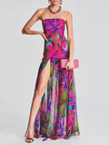 Women’s Y2K Vintage Slim Strapless Backless Mesh Patchwork Tropical Leopard Print High Slit Long Tube Party Dress-Outfit