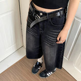 Women Black Y2k Style Baggy Denim Shorts Wide Leg Short Pants Fashion High Waisted Dark Wash Knee Length Jeans Female