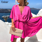 Boho Ladies Sexy V Neck Solid Mini Dress Women Elegant Half Sleeve Satin Loose Mini Dresses 2023 Summer Casual