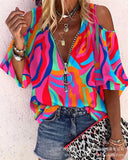 Loose Zipper Print Shirt Blouse Women Spring Summer Fashion V-neck Lantern Sleeve Shirts For Women Sexy Off Shoulder Top-Outfit