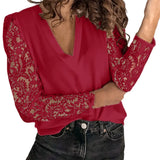 T-Shirt Lace Office Shirts For Female Fashion Vintage Hollow Out Shirt Women White Long Sleeve V-neck Blouse Casual