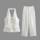 New Autumn Style Wide-Leg Trousers Suit With Bare Back And Collar Vest And Pleated Legs-Outfit