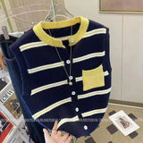 Neck Knitted Cardigan Vest Women's Loose Impact Color Pocket Striped Vest A Variety Of Small Shoulder Sweaters Leisure Jackets-Outfit