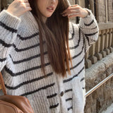Version Of The New Autumn And Winter Style Lazy Wind Hit The Color Hooded Knitted Cardigan Jacket Loose Striped Sweater Girl-Outfit