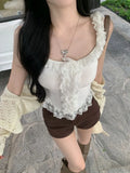 Temperament Babes White Slings Summer New Wear Lace Sexy Vest Short Sleeveless Top