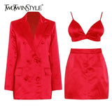 Casual Three Piece Set For Women V Neck Sleeveless Vest Lapel Long Sleeve Blazer Mini Skirts Solid Sets Female