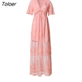 2023 Summer Boho Women Maxi Dress Loose Embroidery White Lace long Tunic Beach Dress Vacation Holiday Women