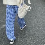 Women's Y2K Retro Aesthetic Wide Leg Drawstring Thin Pants Summer Casual Elastic Plaid Loose Trousers with Pockets-Outfit