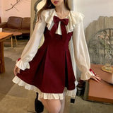 Kawaii Two Piece Set Women Ruffle Patchwork Sweet Party Mini Dress Sets Female 2022 Elegant Blouse Red Strap