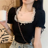 Collar French Bubble Sleeve T-Shirt For Summer New Lace Design Set In Black Short-Sleeved