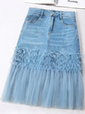 Women's Denim Skirt High Waist Patchwork Irregular Contrast Color Mesh Wrap Hip Mini Skirts 2024 Summer New Fashion 29L1167-Outfit