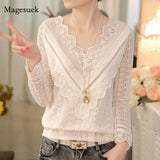 V Neck 2021 Lace Blouse Women Spring and Autumn Fashion Long Sleeve Slim Shirt New Arrival Hot Sale Top Female 63C