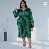 Plus Size Dresses Women Solid Long Sleeve Bandage Draped Pleaped Sleeve Button Dress Office Lady Wholesale