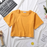 Summer Short Sleeve T Shirts Women Cotton Solid T-shirt O Neck High Waist Crop Top Tee Female Casual Loose T