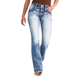 Women's High-Waisted Elastic Water Wash Simple Long Jeans Women's