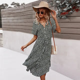 Dress Women Casual Floral Print Holiday Beach Dress V-Neck Midi Dresses Female Summer Short Sleeve Button Loose