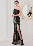 Sequin One Shoulder Slit Long Evening