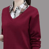 and Autumn Women's Pullover Polo Collar Button Plaid Contrast Panel Long Sleeve T-shirt Polo Bottom Fashion Casual Tops-Outfit