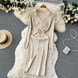 Sexy Split Knitted Dress Lapel V Neck Long Sleeve Button Bodycon Sweater Dress Women Streetwear Midi Long