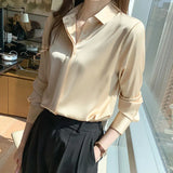 Spring Office Lady Silk Blouse New Satin Shirts Women Chiffon Blouses Turn Down Collar Long Sleeve Tops Casual Loose
