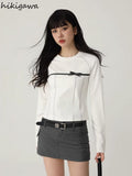 Woman Tshirts 2023 Ropa Mujer Long Sleeve O-neck Crop Tops Shirts for Women Sweet Bow Fashion Vintage Casual T-shirts-Outfit