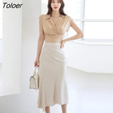 Short Sleeve Bodycon Tops Sexy Women OL Asymmetrical High Waist Midi Skirt Casual V-Neck Criss-Cross Blouse 2 Pieces