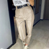 High Waist Faux Leather Trousers Female Big Pockets Design Vintage Streetwear Casual Women Straight Pant 2021 New Spring