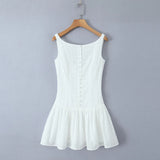 Sexy White Embroidery Lace Low Waist Mini Tank Dress Women Open Buttons Neck Bodycon Sleeveless Ruched Hem Swing Party Robe-Outfit