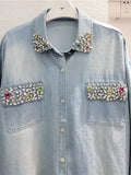 Women's denim Shirt Full Diamonds Loose Lapel Rhinestone Single Breasted Long Sleeve Blouse 2024 Summer New Fashion 29L2622-Outfit