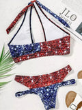 Flag Glitter Halter Hollow Out Bikini Set Women Push Up Swimwear Summer BeachWear Halter Bikini Bathing