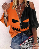 Loose Zipper Print Shirt Blouse Women Spring Summer Fashion V-neck Lantern Sleeve Shirts For Women Sexy Off Shoulder Top-Outfit