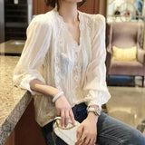 Wind Solid Color Lace Spliced Shirt Spring Autumn Long Sleeve Women's Hollow Out Chic Pearl Button Korean V-Neck