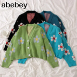 Style Flower Knit Cardigans Sweater Women V Neck Loose elegaht Thicked Pull Femme Print Short Casual Coat
