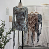 Print Double-Layer Mesh Long-Sleeved Top Design Feel Irregular Ribbon-Up T-Shirt