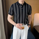 Summer High-End Short-Sleeved Men's Fashion Brand Striped Collar Ice Silk Knitted Half-Sleeved T-Shirt For