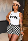 Printed Casual O-Neck Sleeveless Crop Top Letter Print Two Piece Shorts