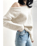 Chic Autumn And Winter French Temperament Word Collar Shoulder Design Loose Leisure Solid Color Long-Sleeved Knitted Sweater