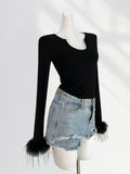 Toloer Thousand Years Royal Sister Wind Black Hot Jacket Early Spring U Collar Slim Thin Feathers Long Sleeve Bottom