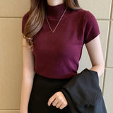 Knitted Turtleneck Blouse Women 2021 Summer Solid Slim Casual Clothing Women Short Sleeve Top Blusa Mujer De Moda 8622