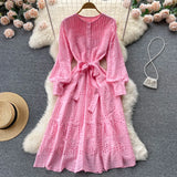 2022 Summer New Lace Embroidery Dress Women Long Sleeve Dresses Female Vintage Party Beach Maxi Long