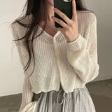 Sweaters Women Pure Color Elegant Ulzzang Lady V-neck Knitting Leisure Student All-match Holiday Basic Sun-proof