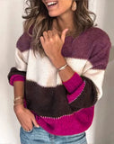 2021 autumn and winter new solid color stitching knit sweater top casual contrast color round neck sweater